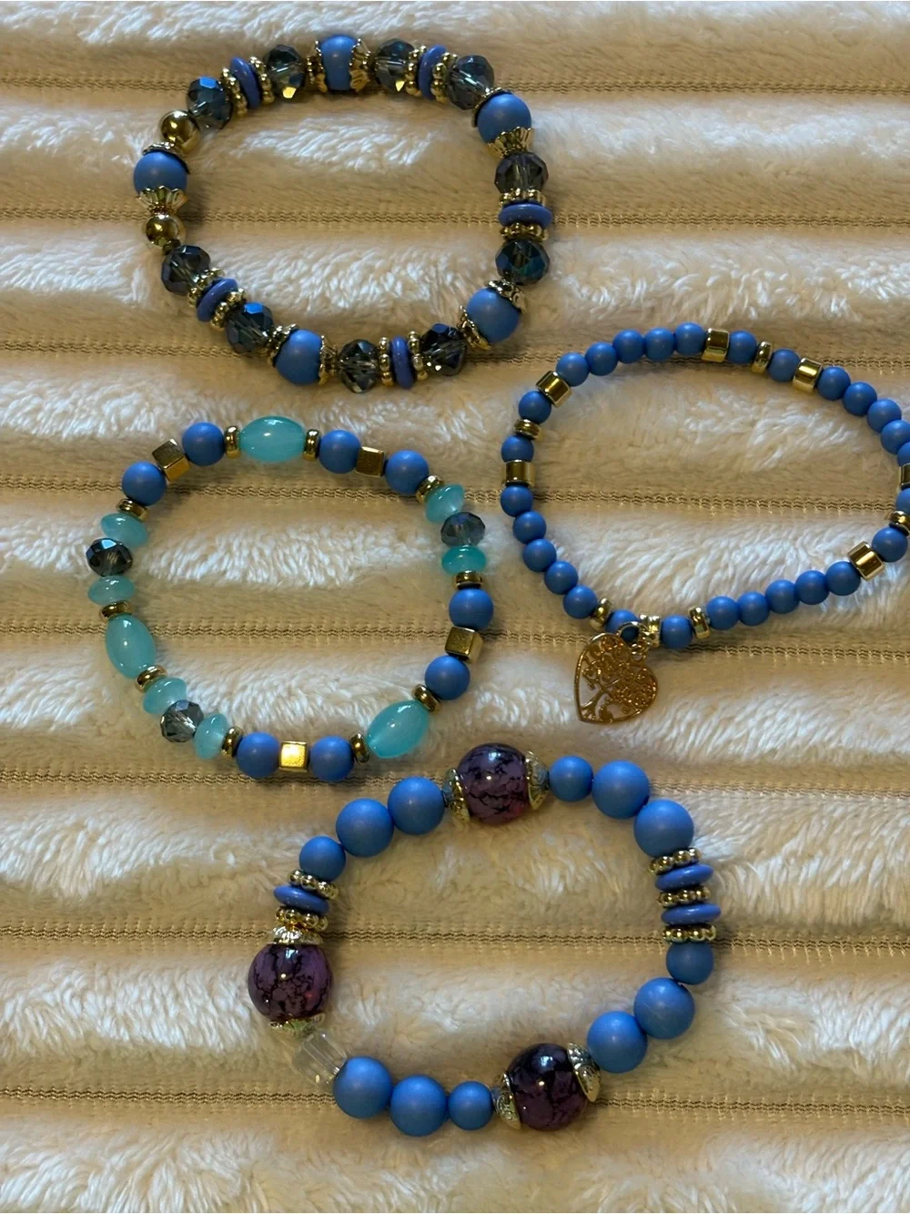 Blue Beaded Stretch Bracelet Set with Gold Accents